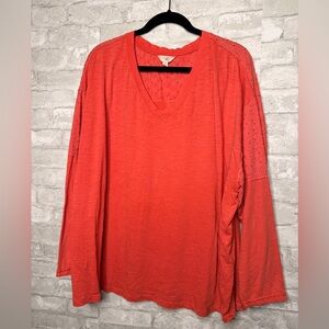 Terra & Sky Women's 2X (20W-22W) Orange Coral V-Neck Eyelet Top Shirt Top